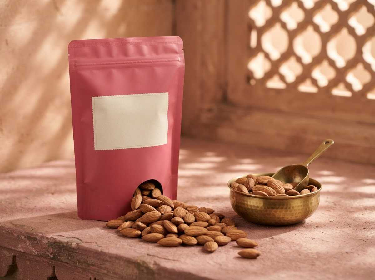 Whole almonds spilling from a pink Krunchkin pouch beside a brass bowl of almonds