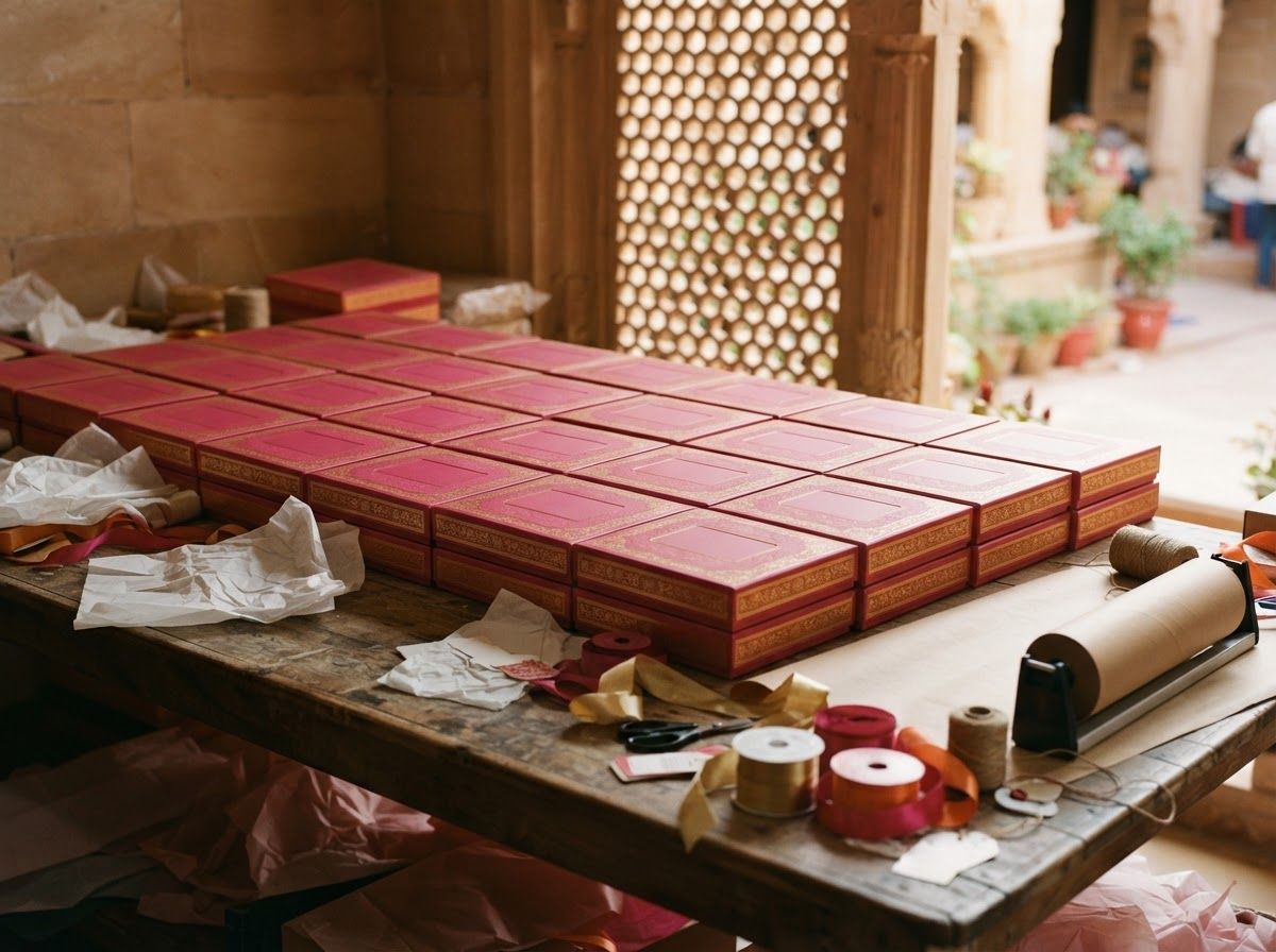 Rani pink gift boxes with a blank embossed panel where your logo goes