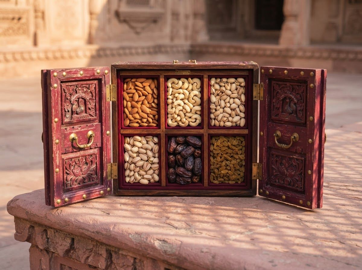 Dwaar gift box designed like maroon haveli doors with brass studs, open to show six compartments of dry fruits