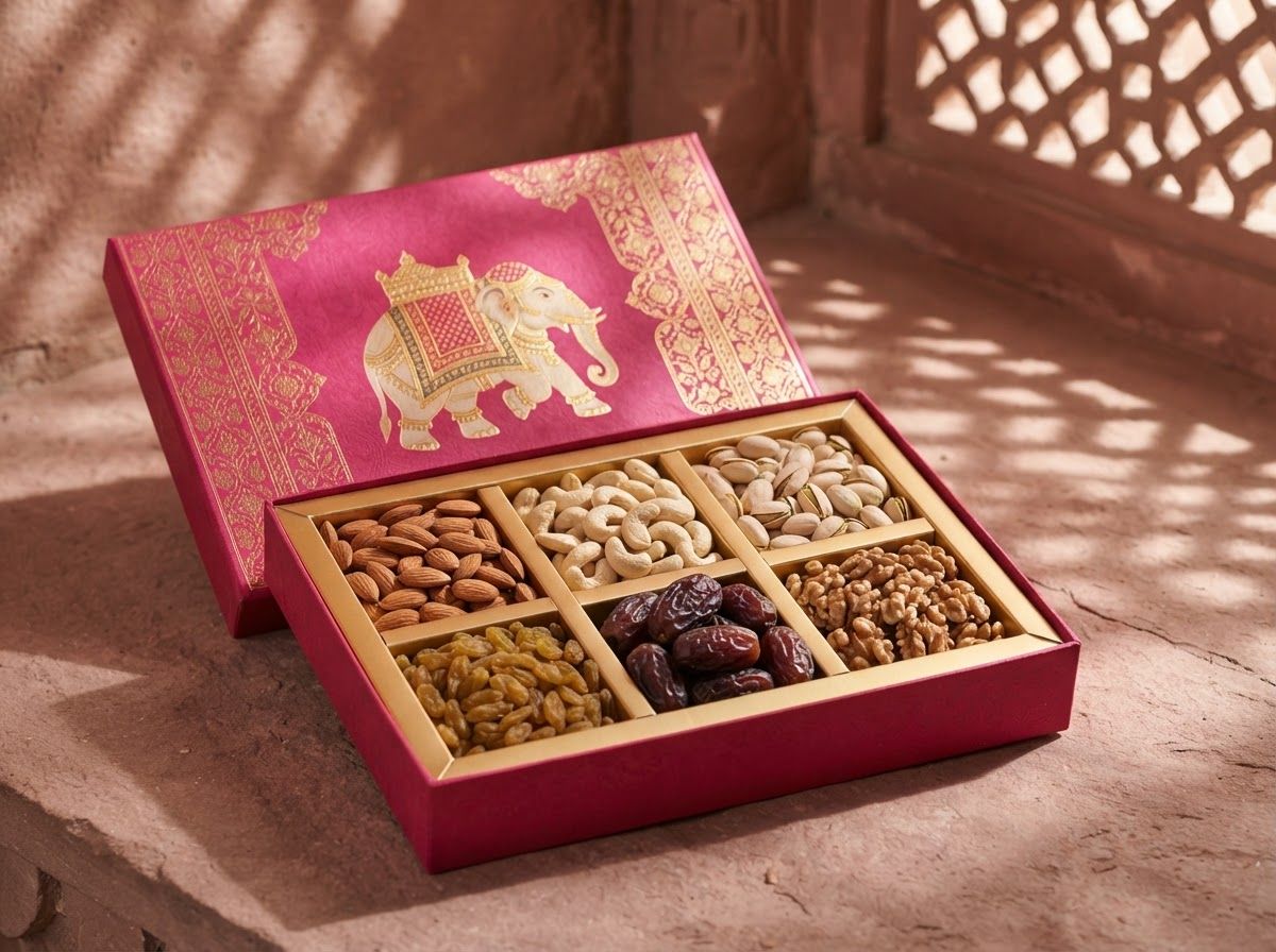 Open Gajraj gift box in rani pink with a gold elephant, holding six compartments of dry fruits