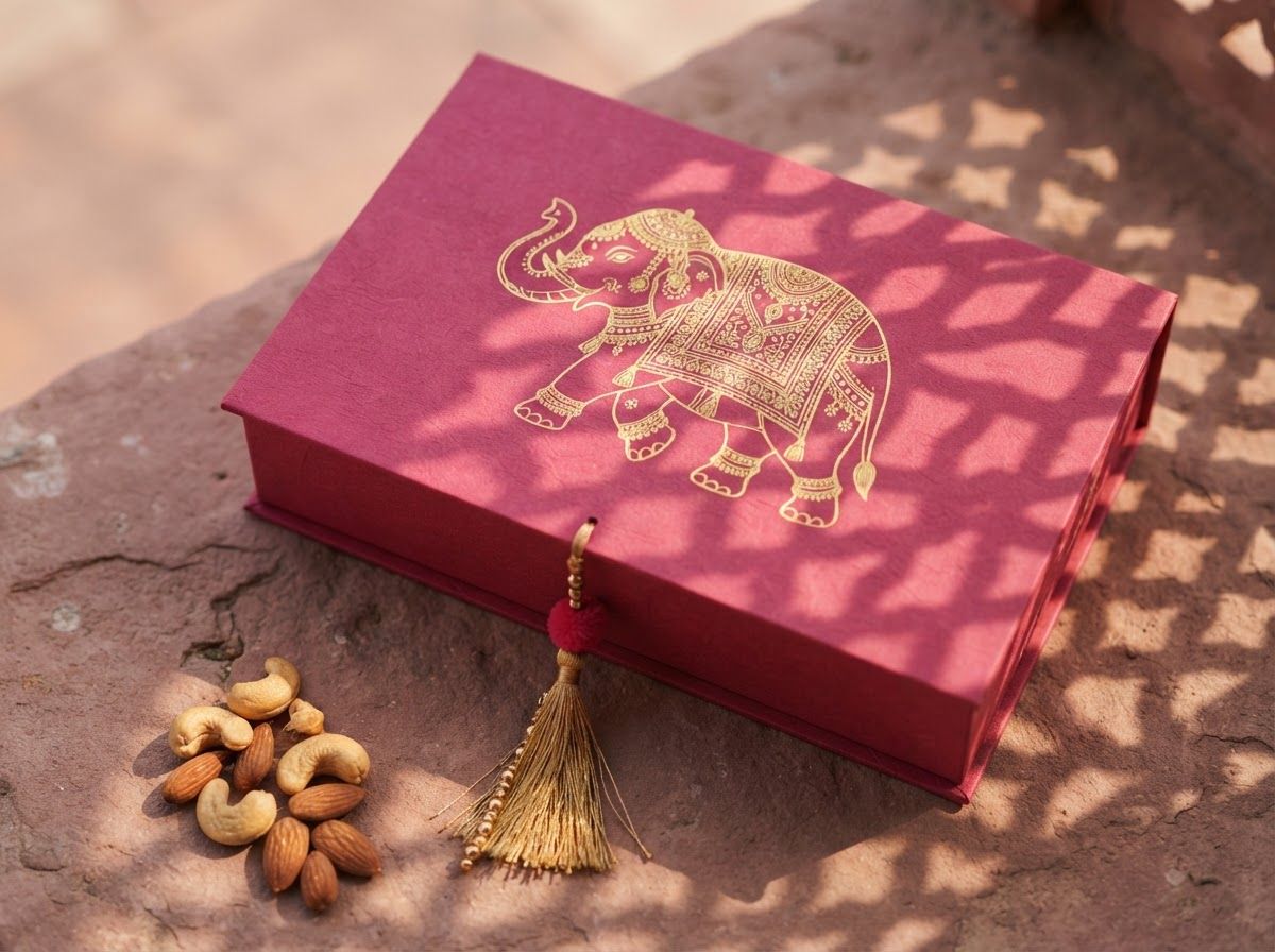 Gajraj box lid with a gold elephant and a tassel