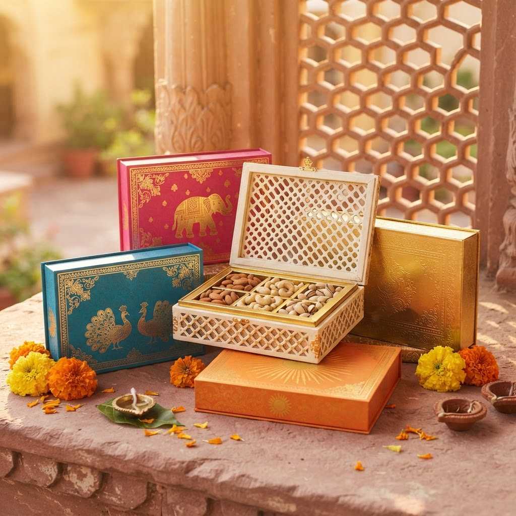 Five Krunchkin gift boxes in peacock blue, rani pink, gold, ivory lattice and saffron, with dry fruits, marigolds and diyas