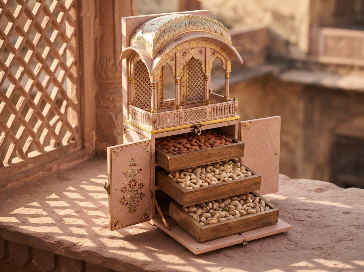 Jharokha gift box shaped like a pink palace balcony, with drawers of dry fruits
