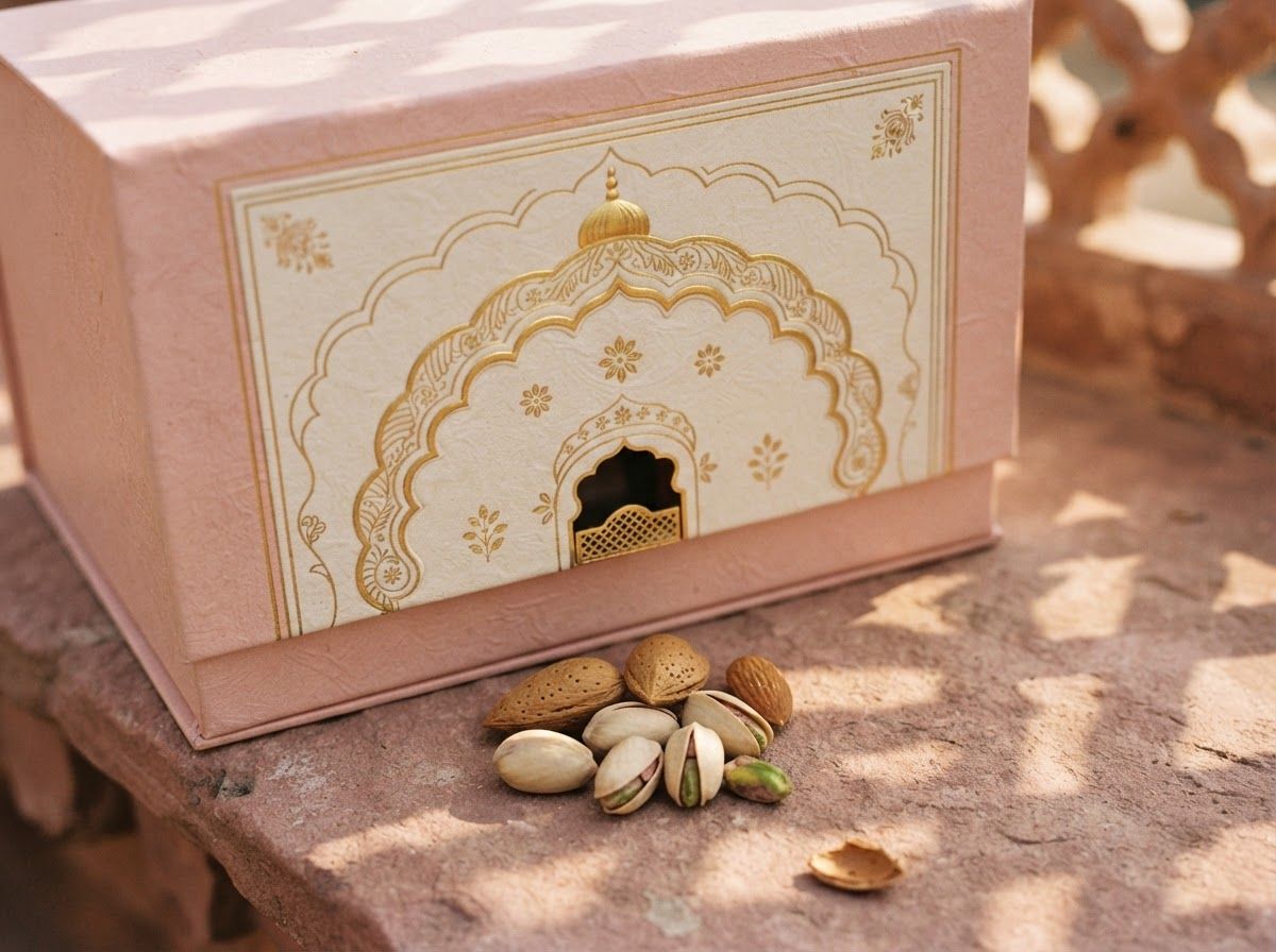 Close-up of a scalloped palace arch with gold line detailing on a Krunchkin box