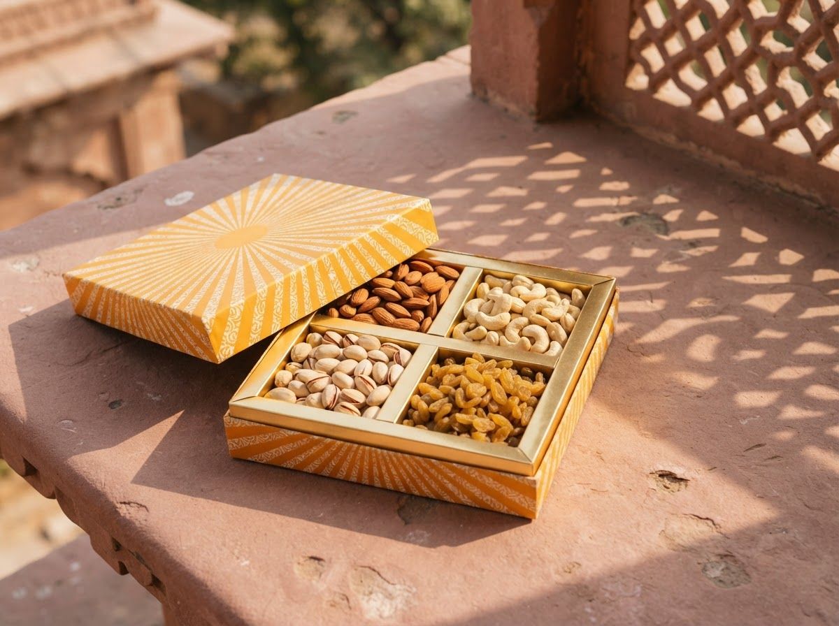 Open Kiran gift box in saffron yellow with a gold sunburst, filled with almonds, cashews, pistachios and raisins
