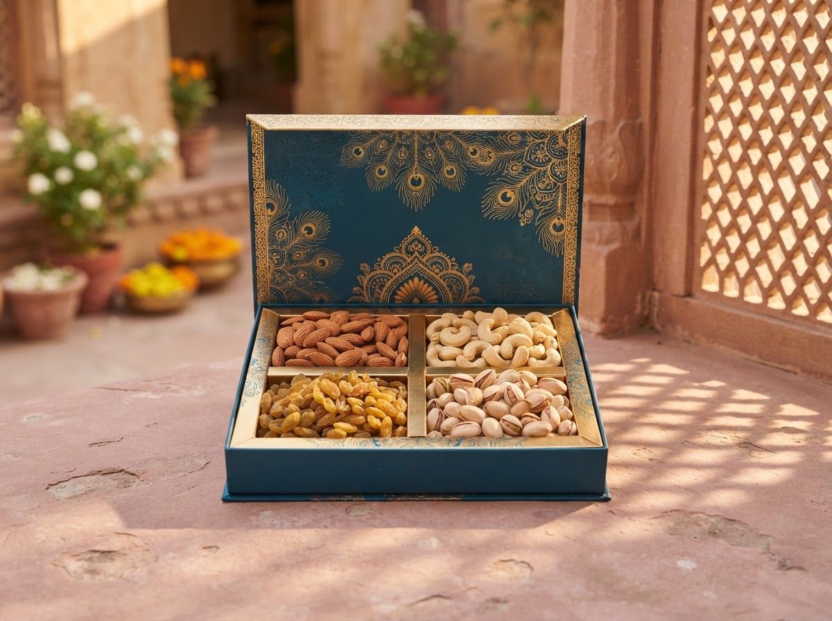Open Mayur gift box in peacock blue with gold feather print, holding almonds, cashews, raisins and pistachios