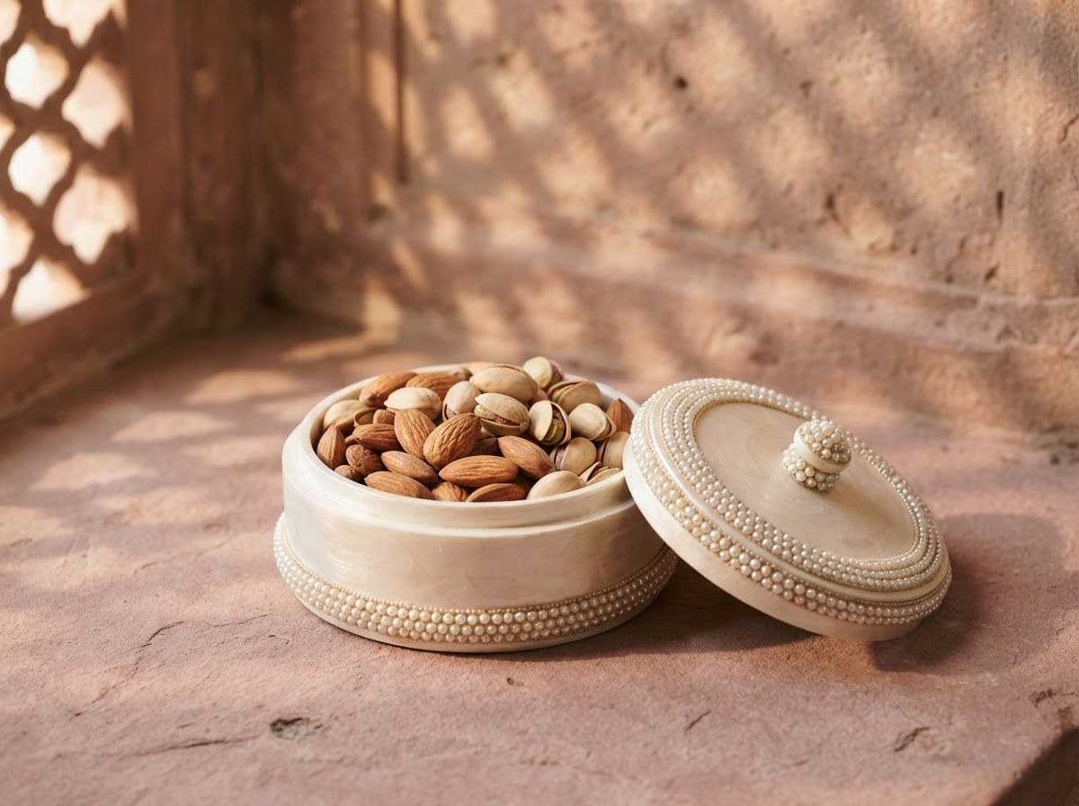 Open Moti round ivory gift box edged with pearl beads, filled with almonds and pistachios