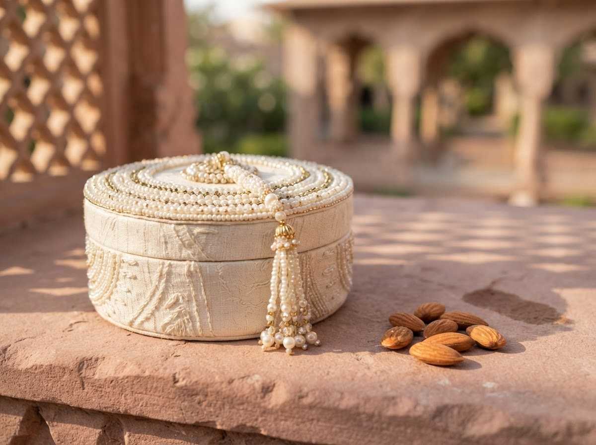 Closed Moti ivory box with rows of pearls and a pearl tassel, with almonds beside it