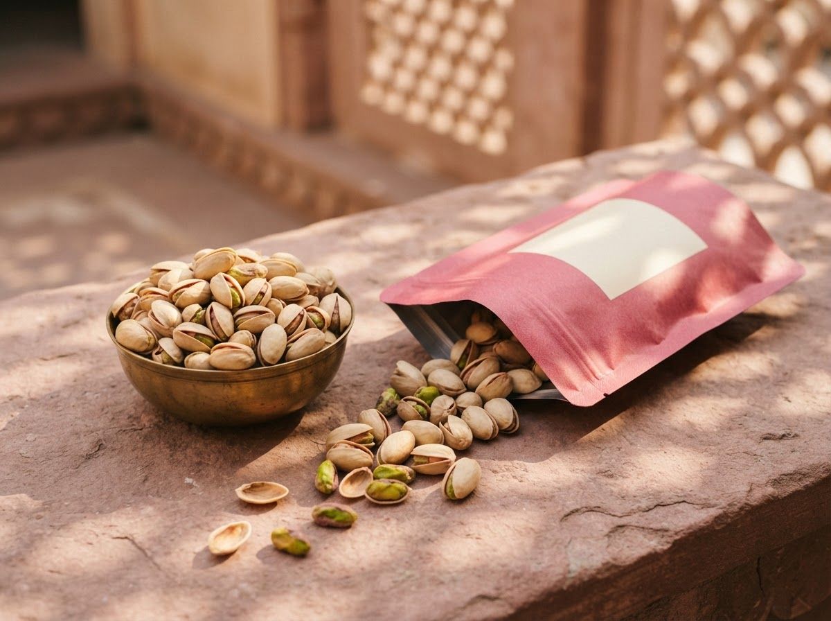 Roasted in-shell pistachios in a brass bowl beside an open pink Krunchkin pouch