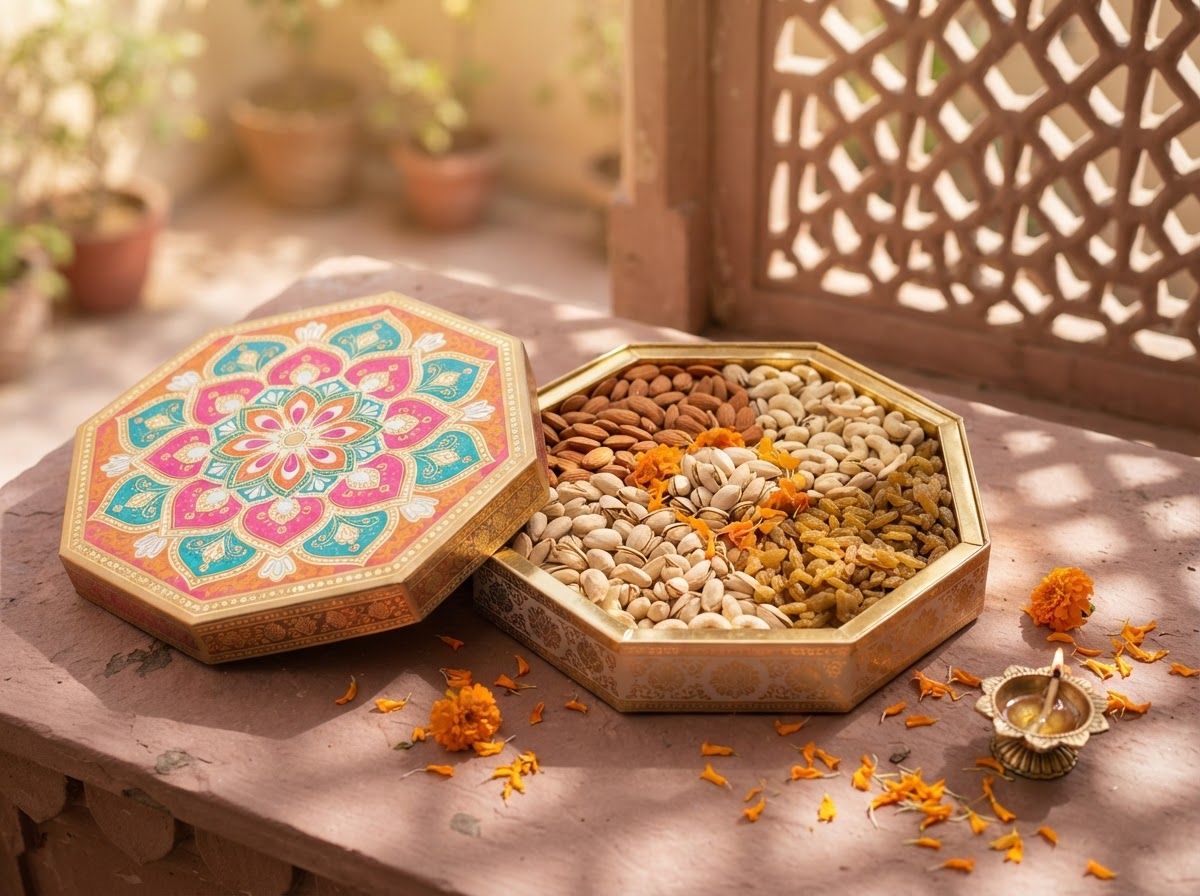 Open octagonal Rangoli gift box with a bright rangoli pattern, filled with dry fruits and marigold petals