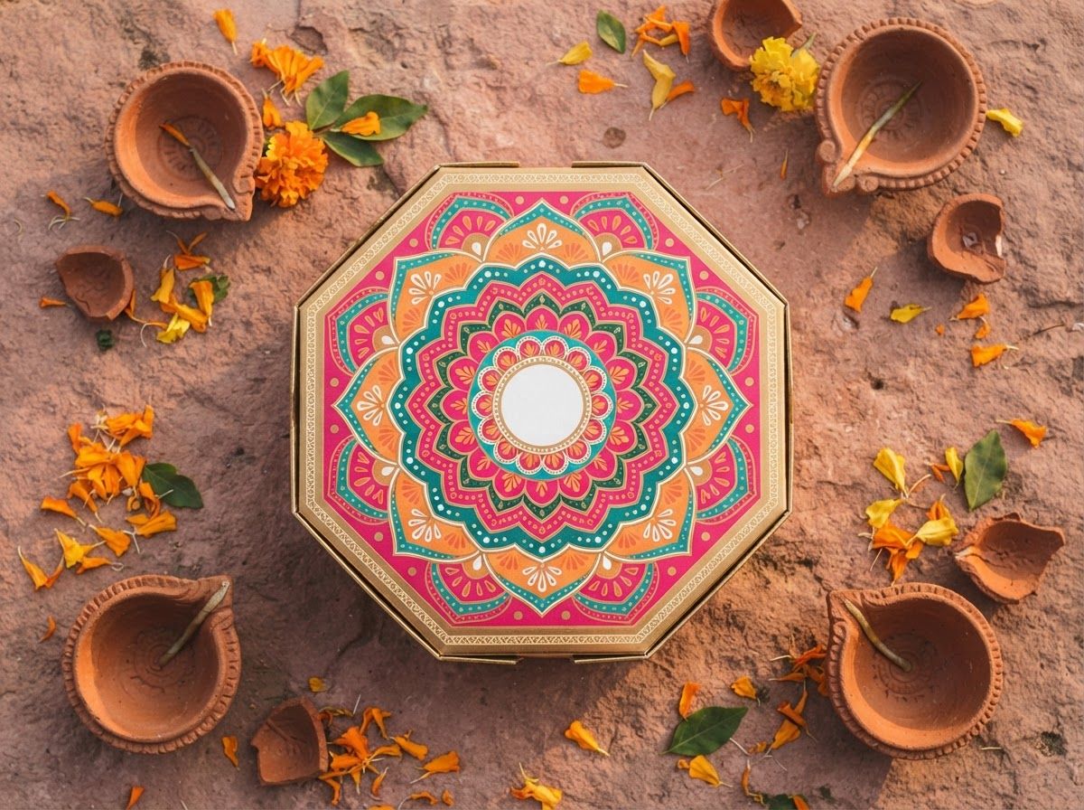Rangoli dry fruit gift box surrounded by clay diyas and marigold petals