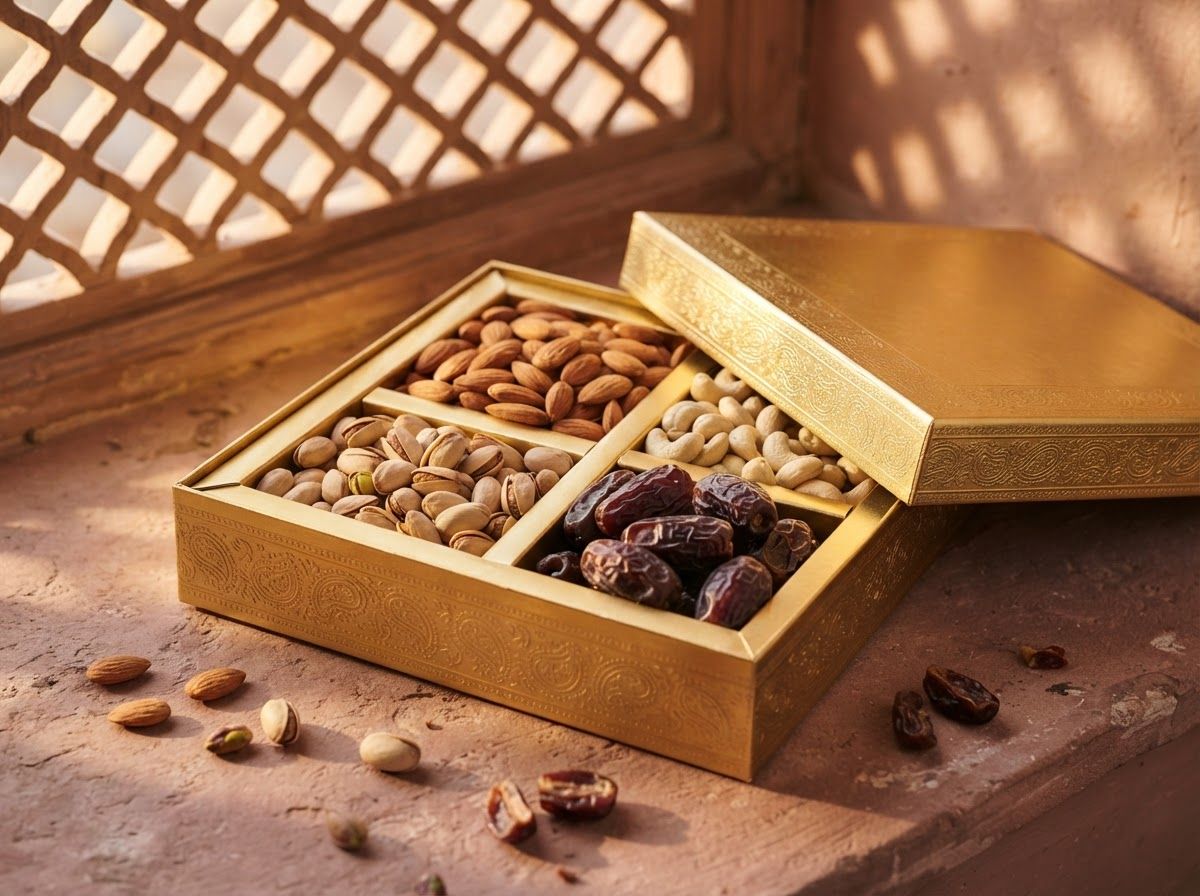 Open Swarna gift box in brushed gold foil holding almonds, cashews, pistachios and dates
